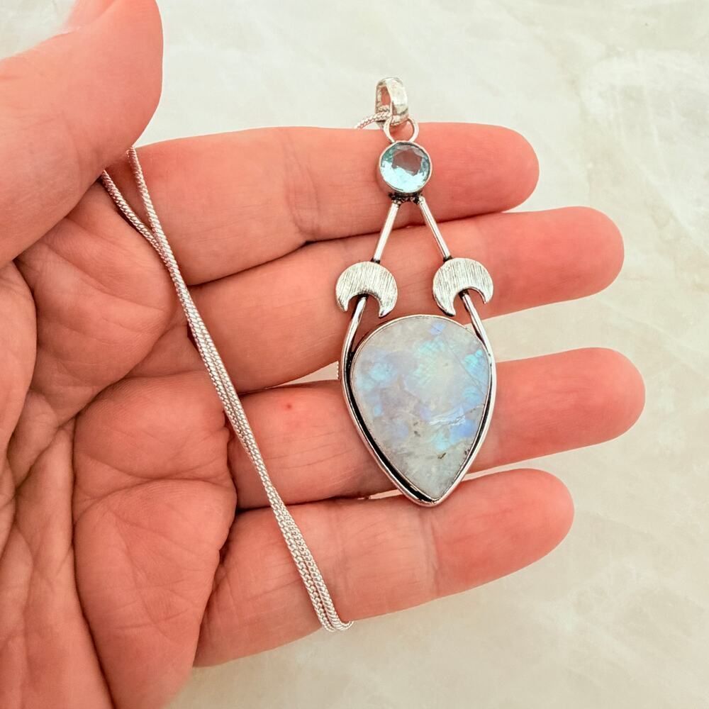 Rainbow Moonstone Crescent Moon Necklace 925 Plated, Celestial Pendant
